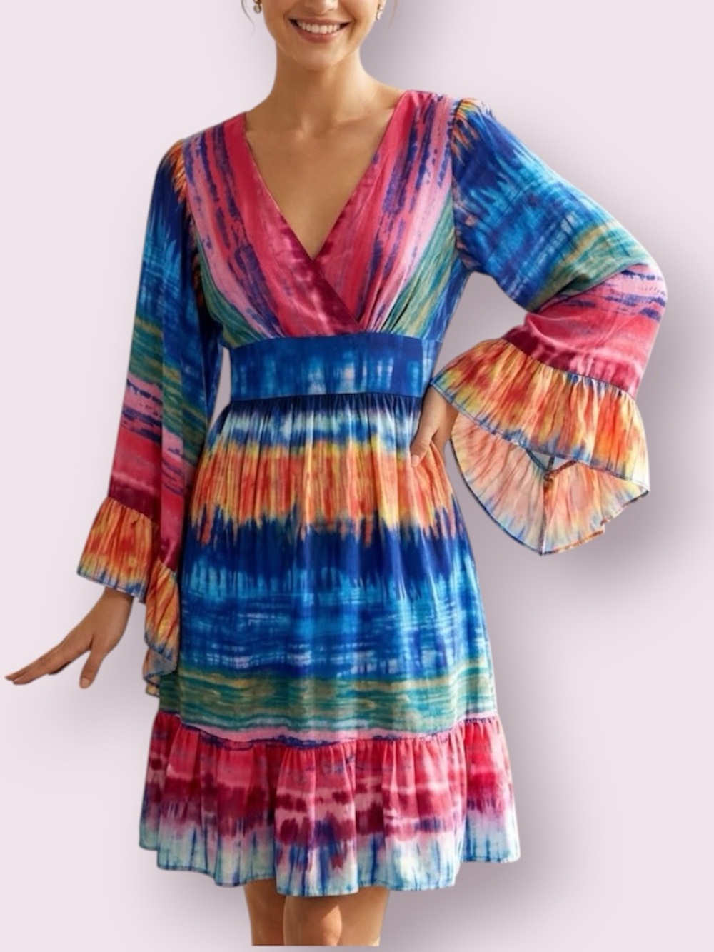 Betsey Johnson Bambi Boho Bell Sleeve Dress Rainbow Tie Dye Print Size 4